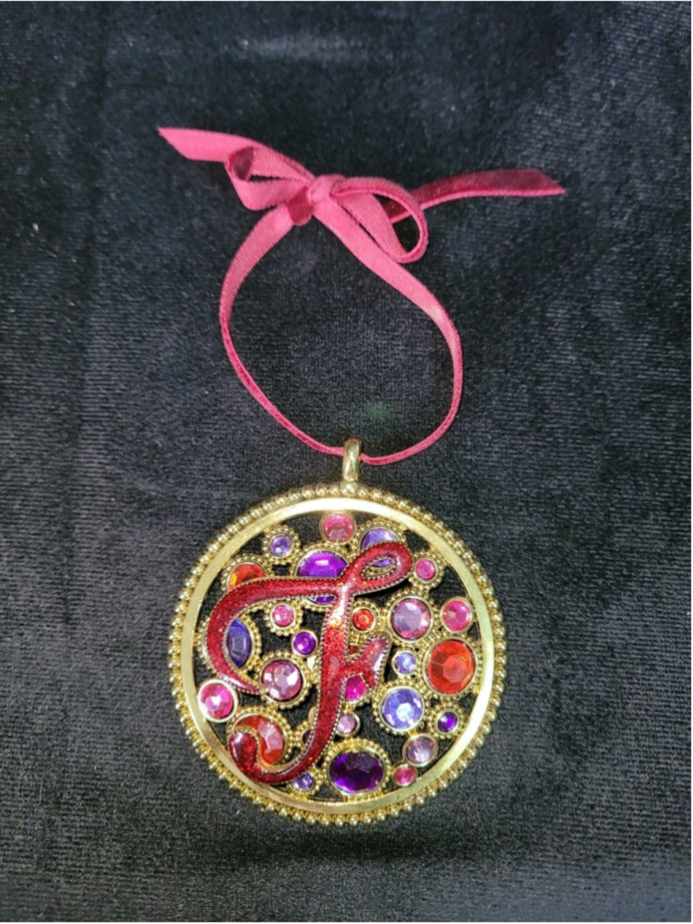 Jeweled Letter F Hanging Ornament Gold Tone Rhinestone Initial Decor Monogram